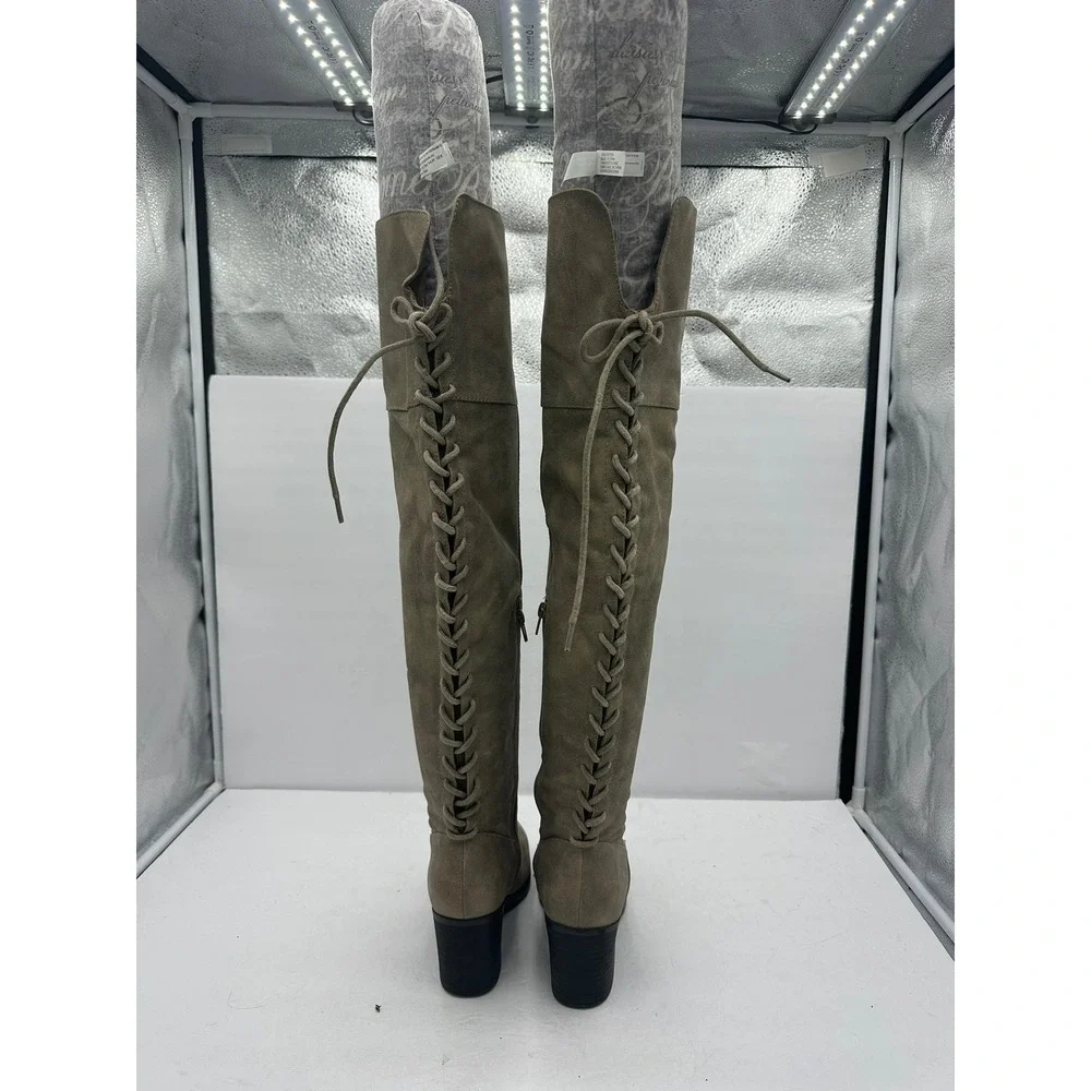 Bamboo Women Taupe Faux Suede Lace Up Back Over The Knee Block Heel Boots Size 7